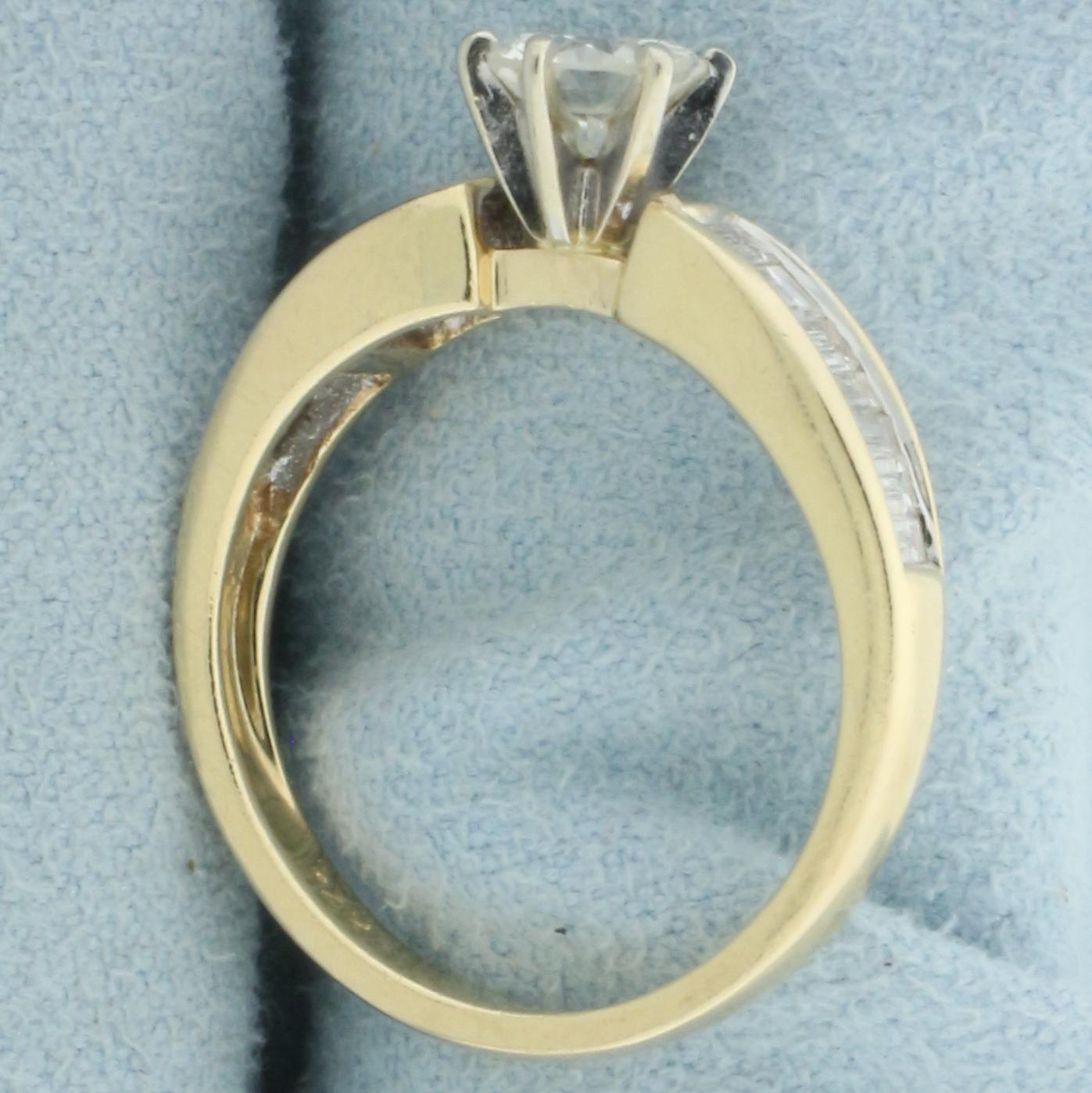 Round And Baguette Diamond Engagement Ring In 14k Yellow Gold