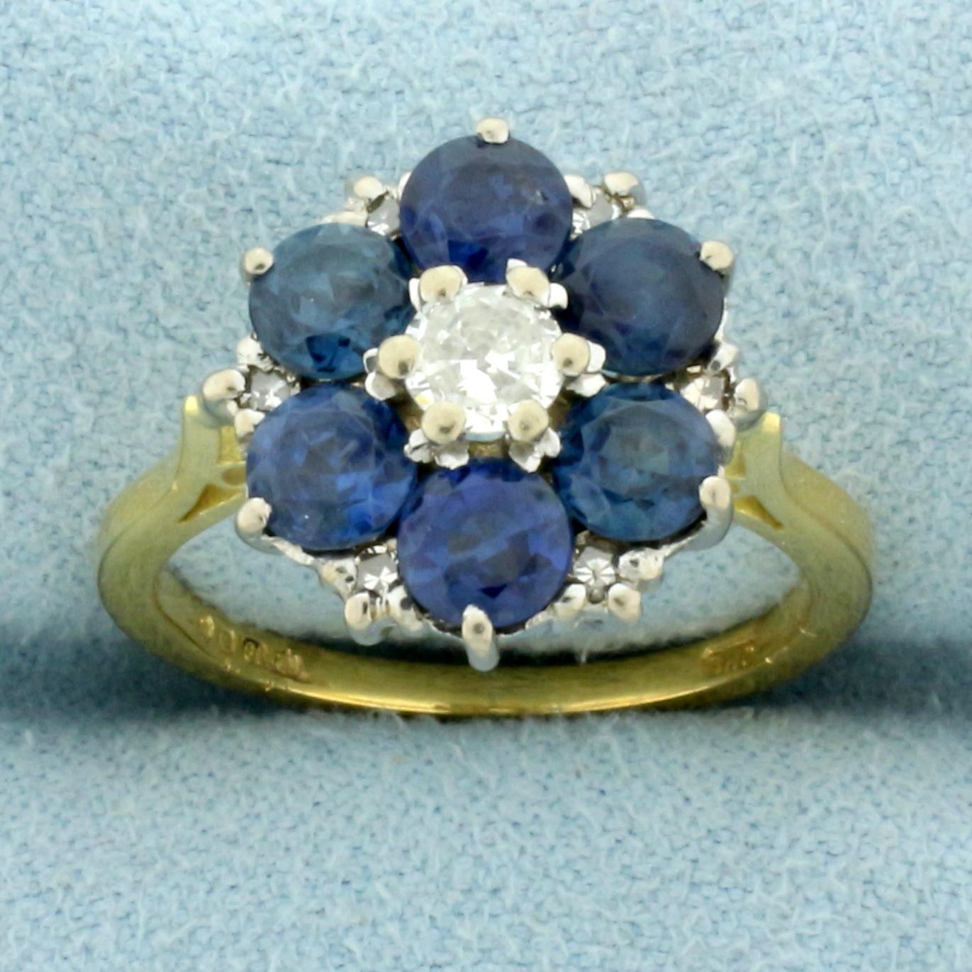 Vintage Sapphire And Diamond Flower Design Ring In 18k Yellow Gold