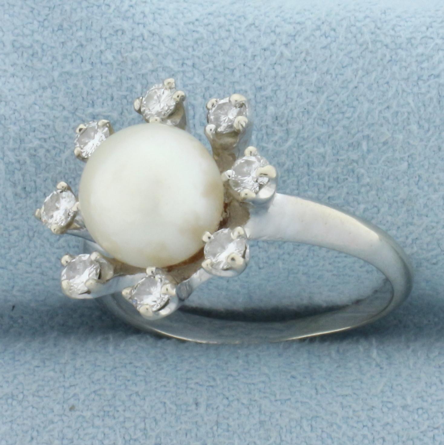 Akoya Pearl And Diamond Halo Ring In 14k White Gold
