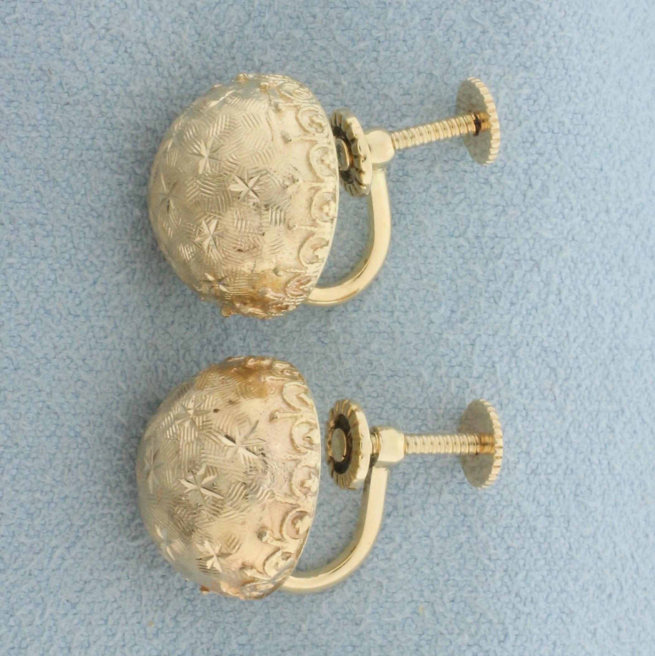 Vintage Starburst Half Dome Button Screw Back Earrings In 14k Yellow Gold