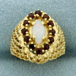 Opal And Garnet Basket Weave Ring In 14k Yellow Gold