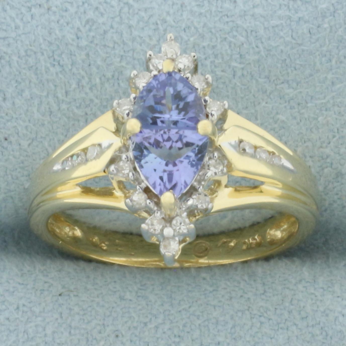 Unique Tanzanite And Diamond Ring In 14k Yellow Gold