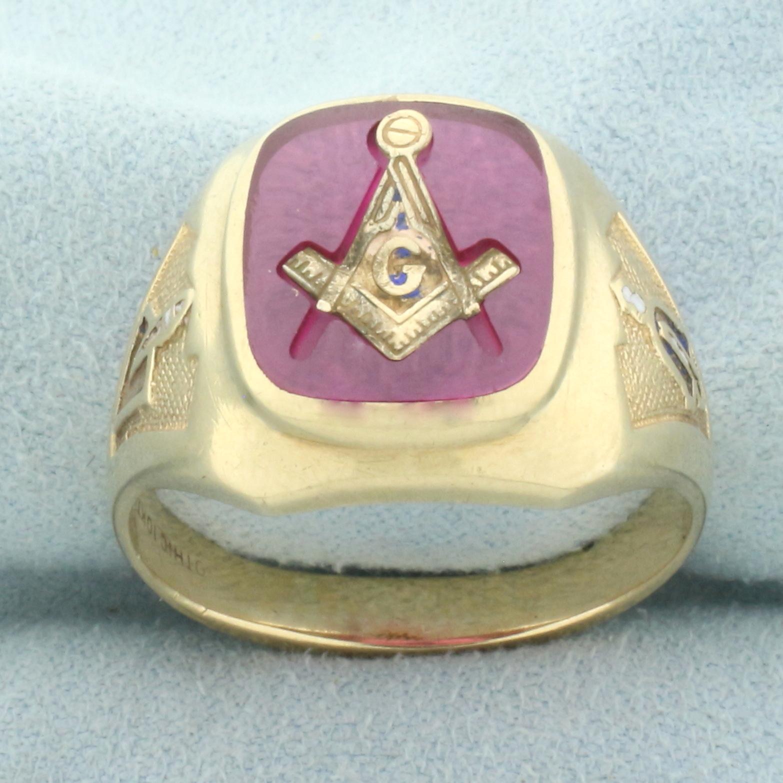 Vintage Lab Ruby Masonic Ring In 10k Yellow Gold