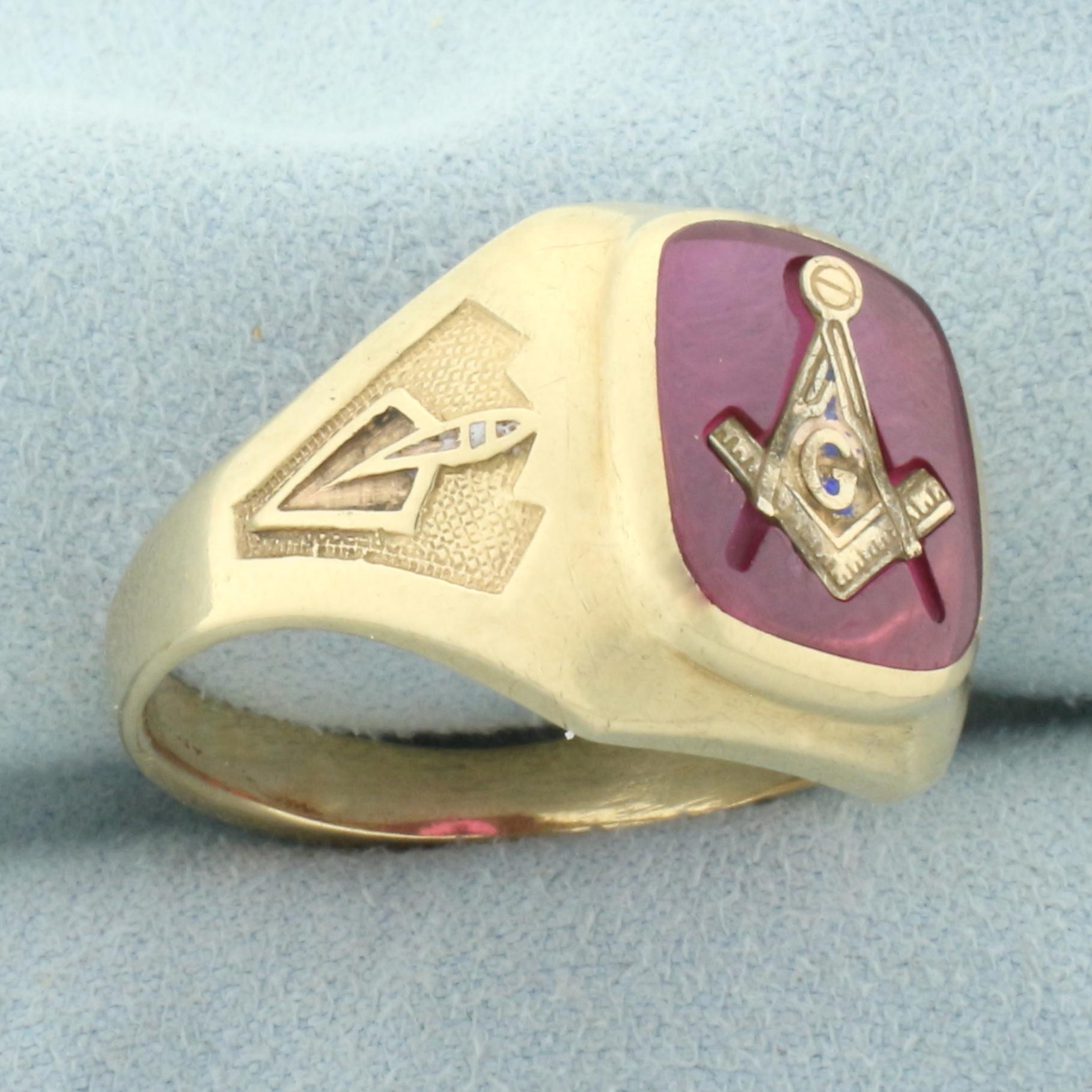 Vintage Lab Ruby Masonic Ring In 10k Yellow Gold