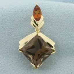 Smoky Topaz And Spessartite Garnet Dangle Pendant Slide In 14k Yellow Gold