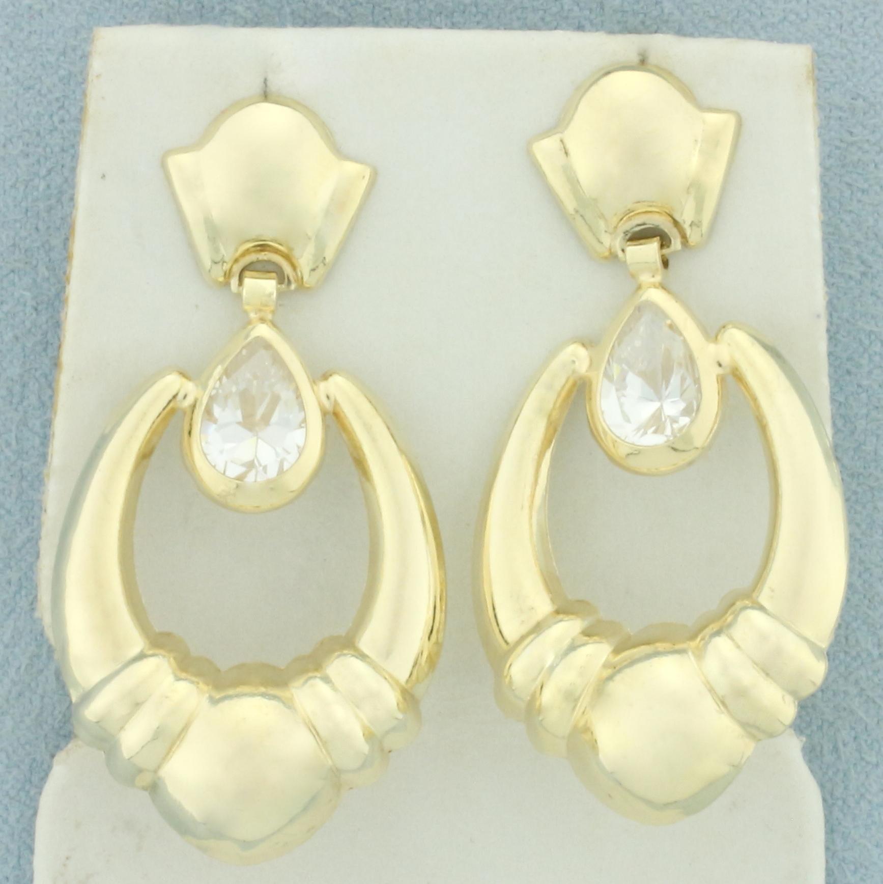 Cz Dangle Doorknocker Earrings In 14k Yellow Gold