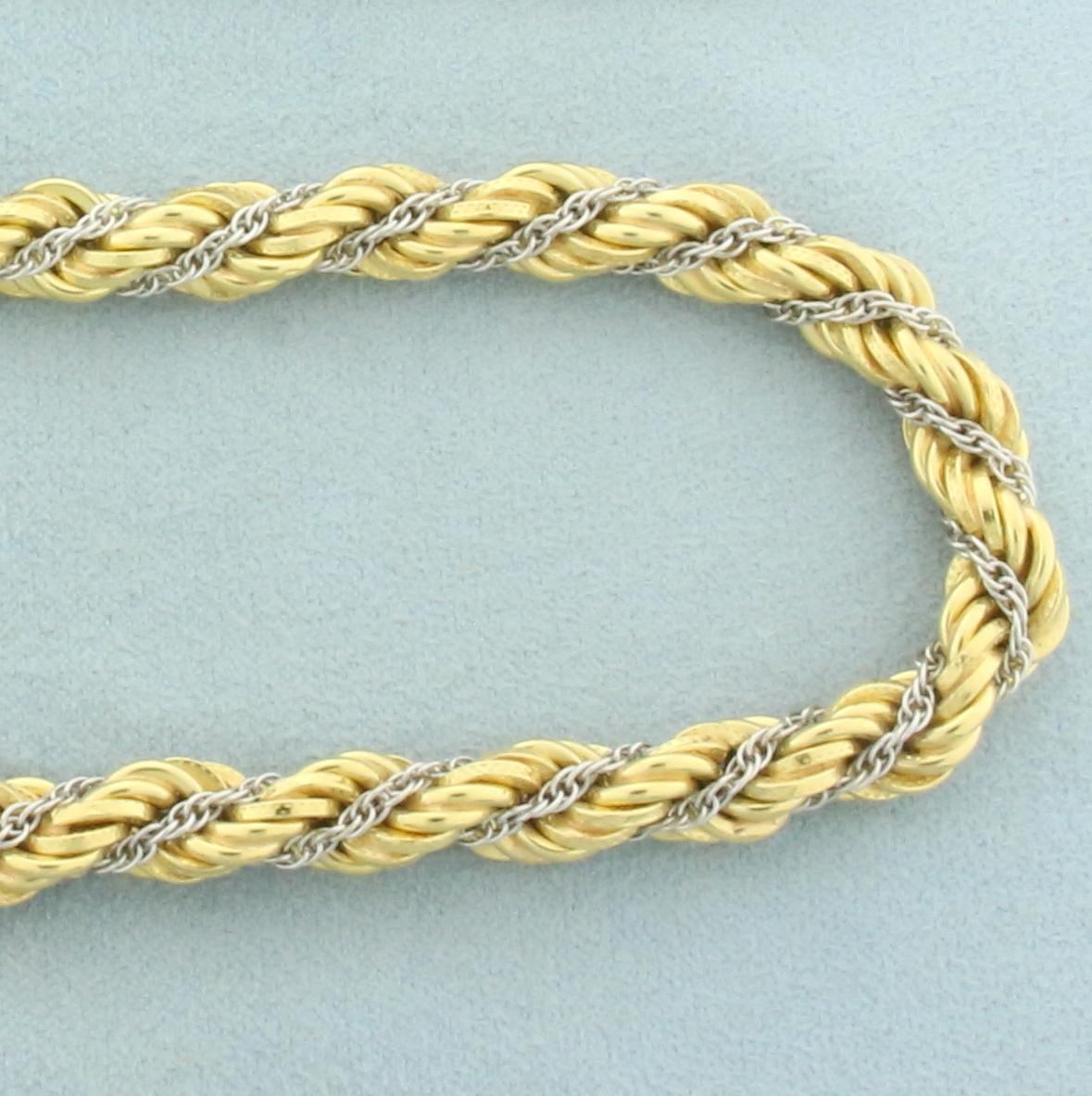 Italian Two Tone Rope Link Necklace In 18k Yellow And White Gold