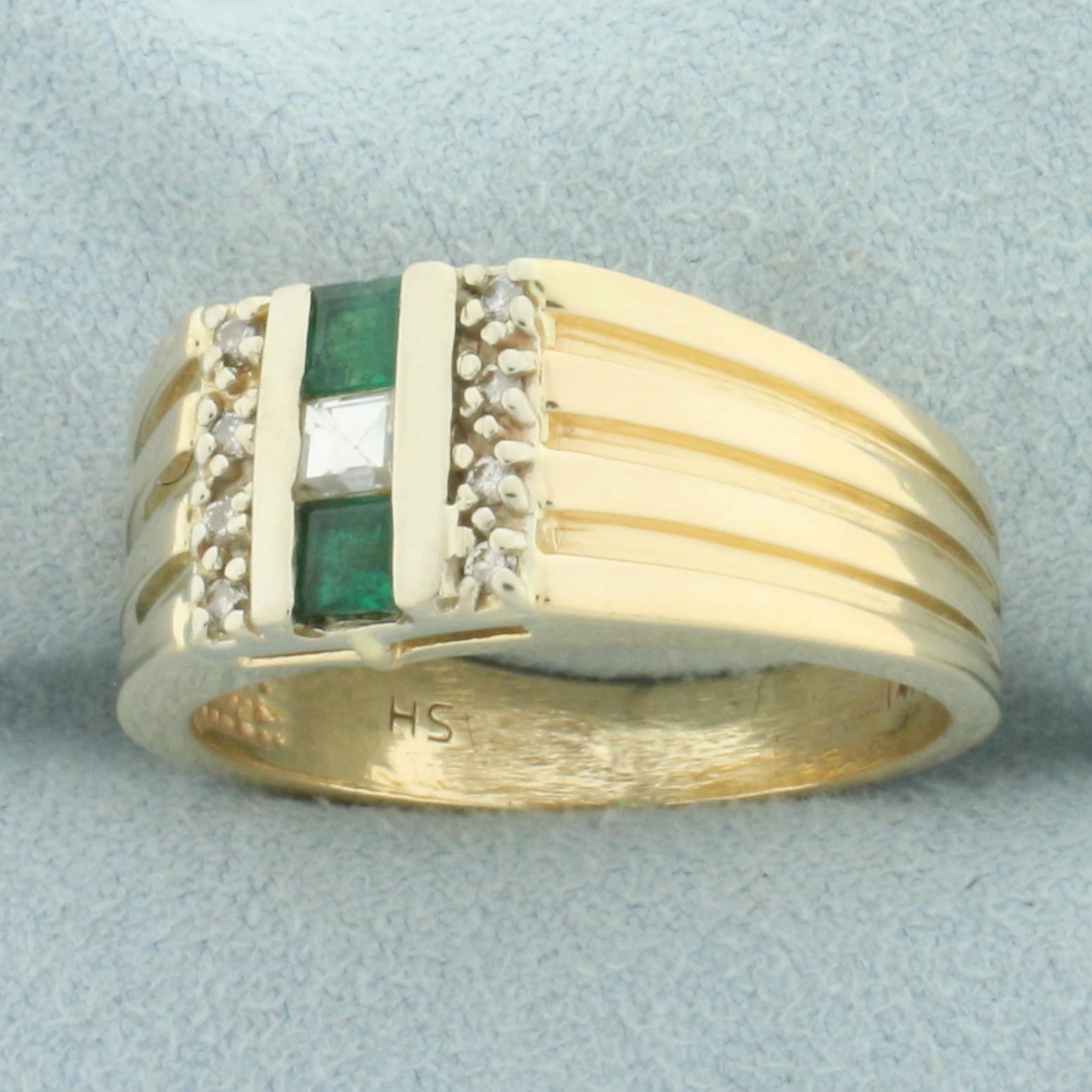 Mens Emerald And Diamond Ring In 14k Yellow Gold