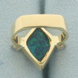 Australian Black Opal And Diamond Ring In 14k Yellow Gold