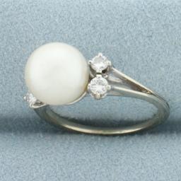 Akoya Pearl And Diamond Ring In 14k White Gold