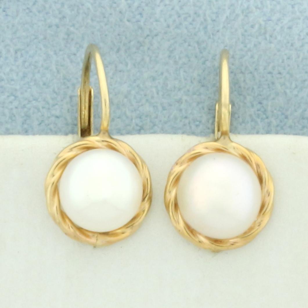 Button Pearl Drop Earrings In 14k Yellow Gold