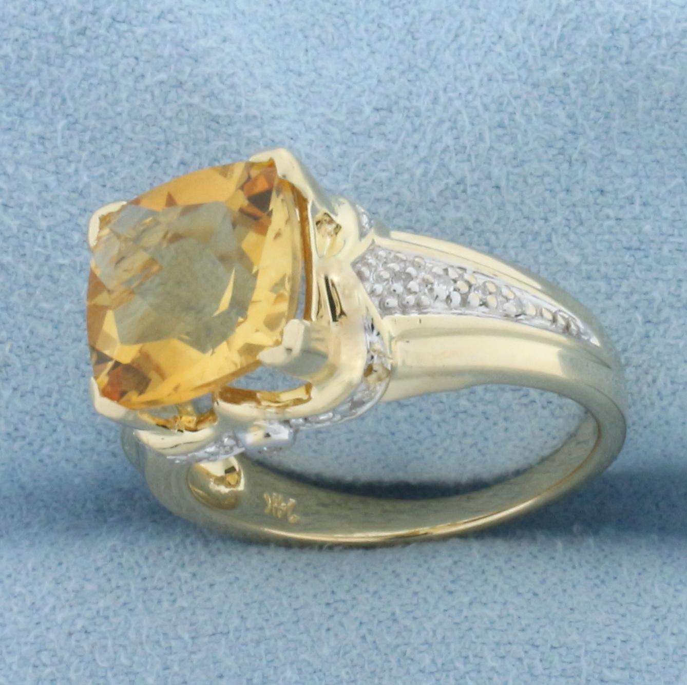 Checkerboard Cut Citrine And Diamond Ring In 14k Yellow Gold