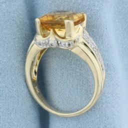 Checkerboard Cut Citrine And Diamond Ring In 14k Yellow Gold