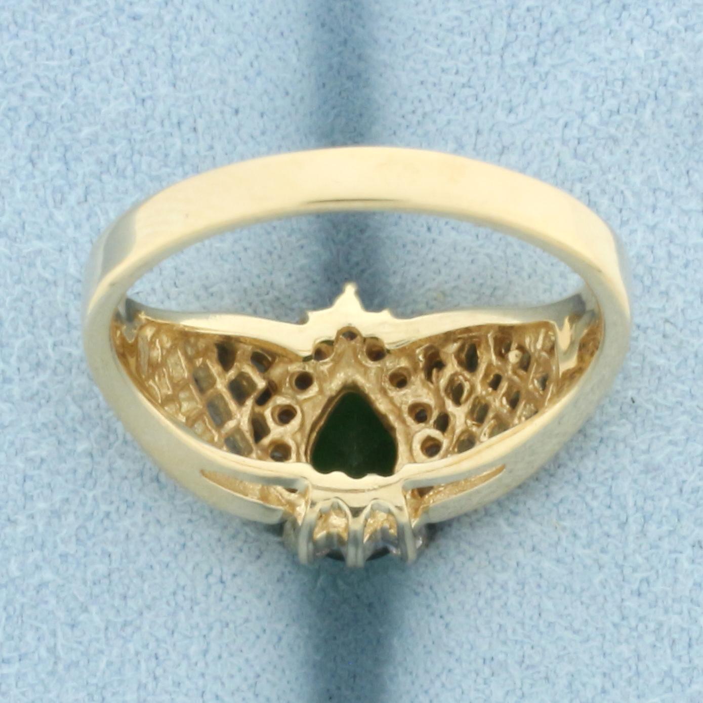 Green Garnet And Diamond Halo Ring In 14k Yellow Gold