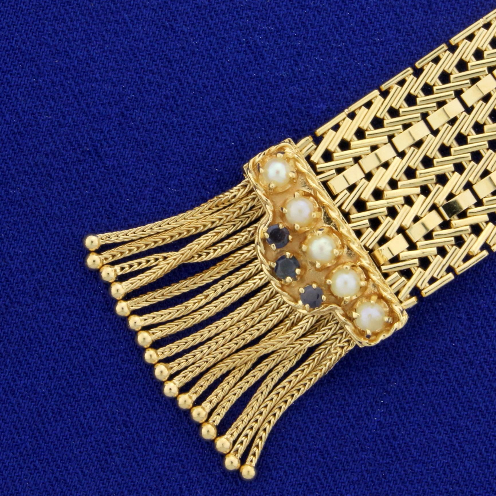 Vintage Victorian Style Adjustable Mesh Design Bracelet With Pearls And Sapphires In 14k Yellow Gold