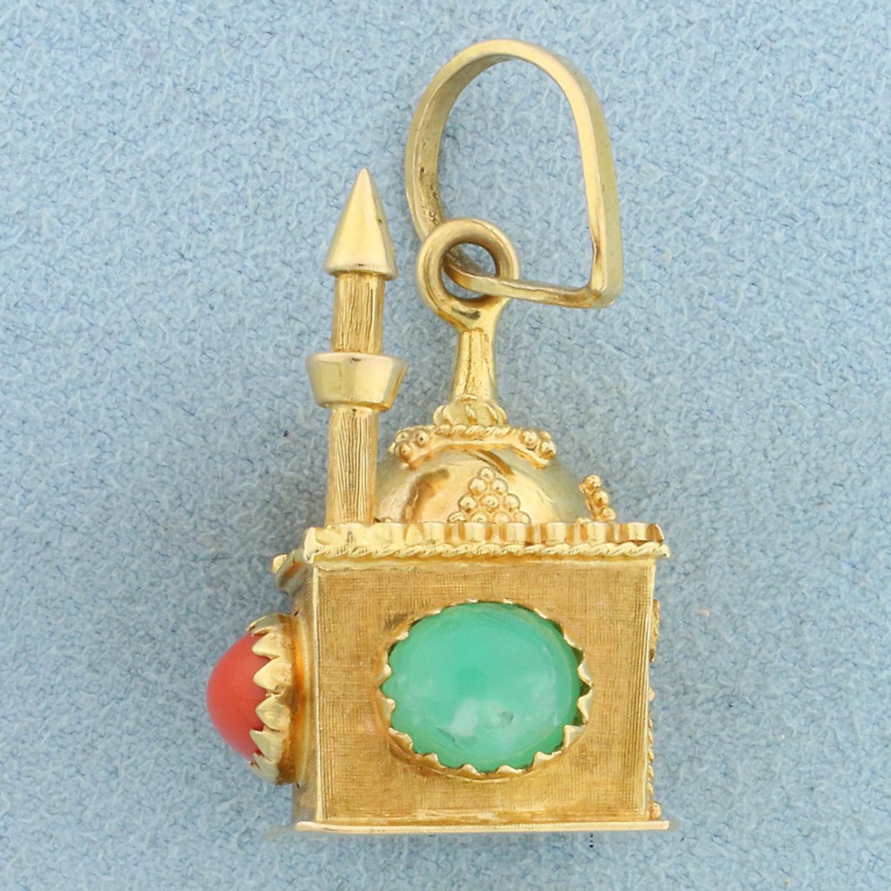 Jade, Red Coral, And Turquoise Mosque Pendant In 18k Yellow Gold