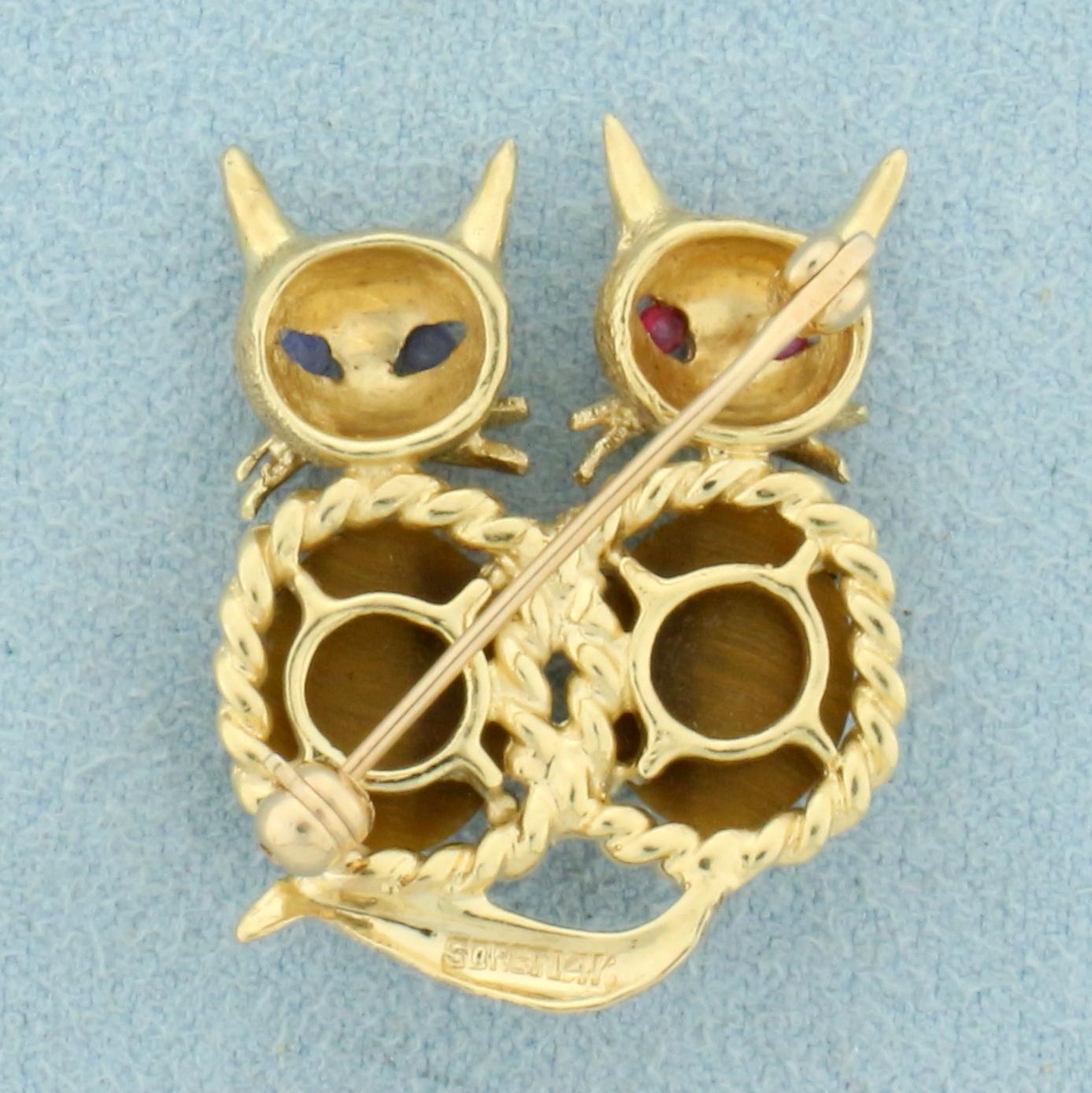 Tigers Eye Siamese Cat Pin In 14k Yellow Gold