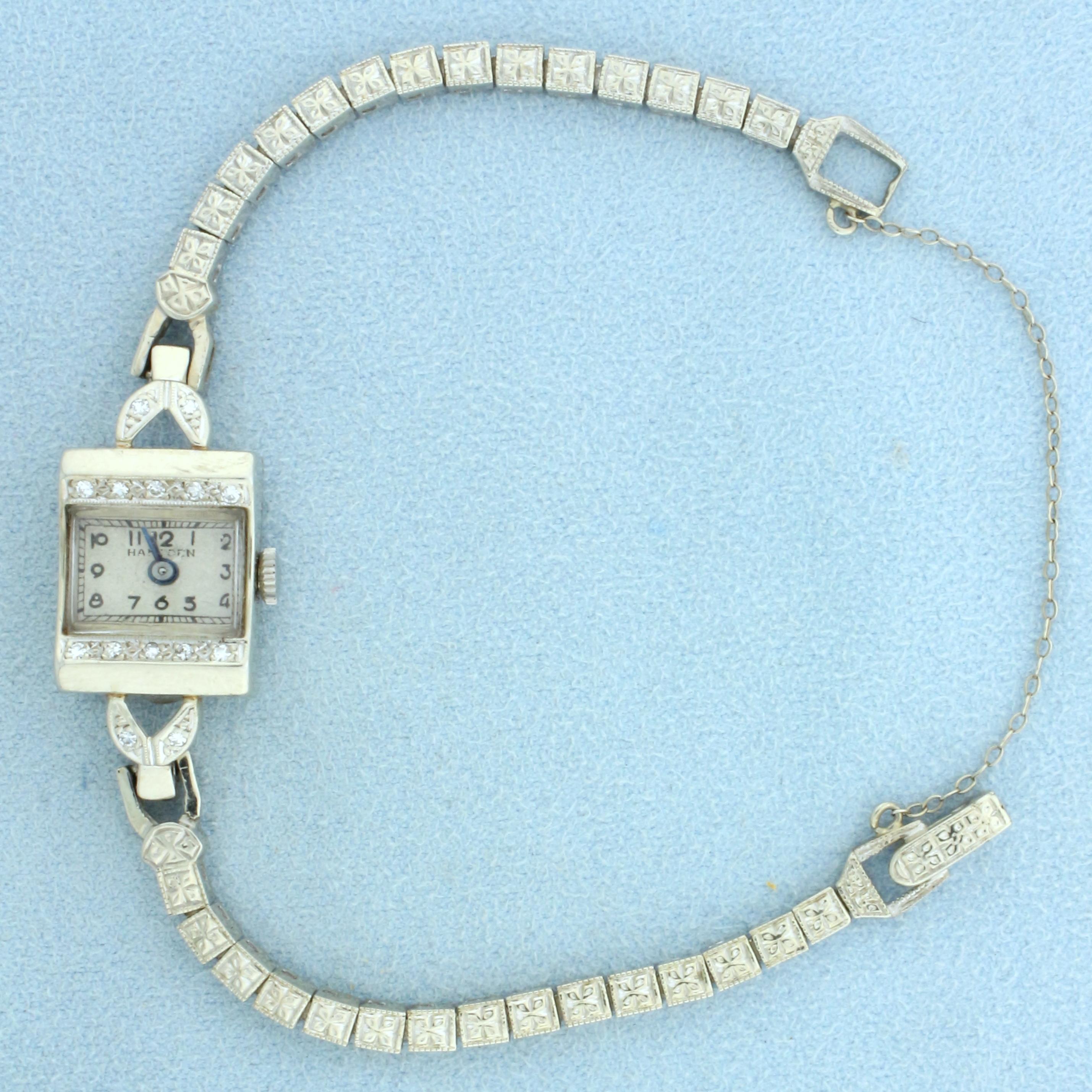 Vintage Womens Hampden Diamond Watch In Solid 14k White Gold