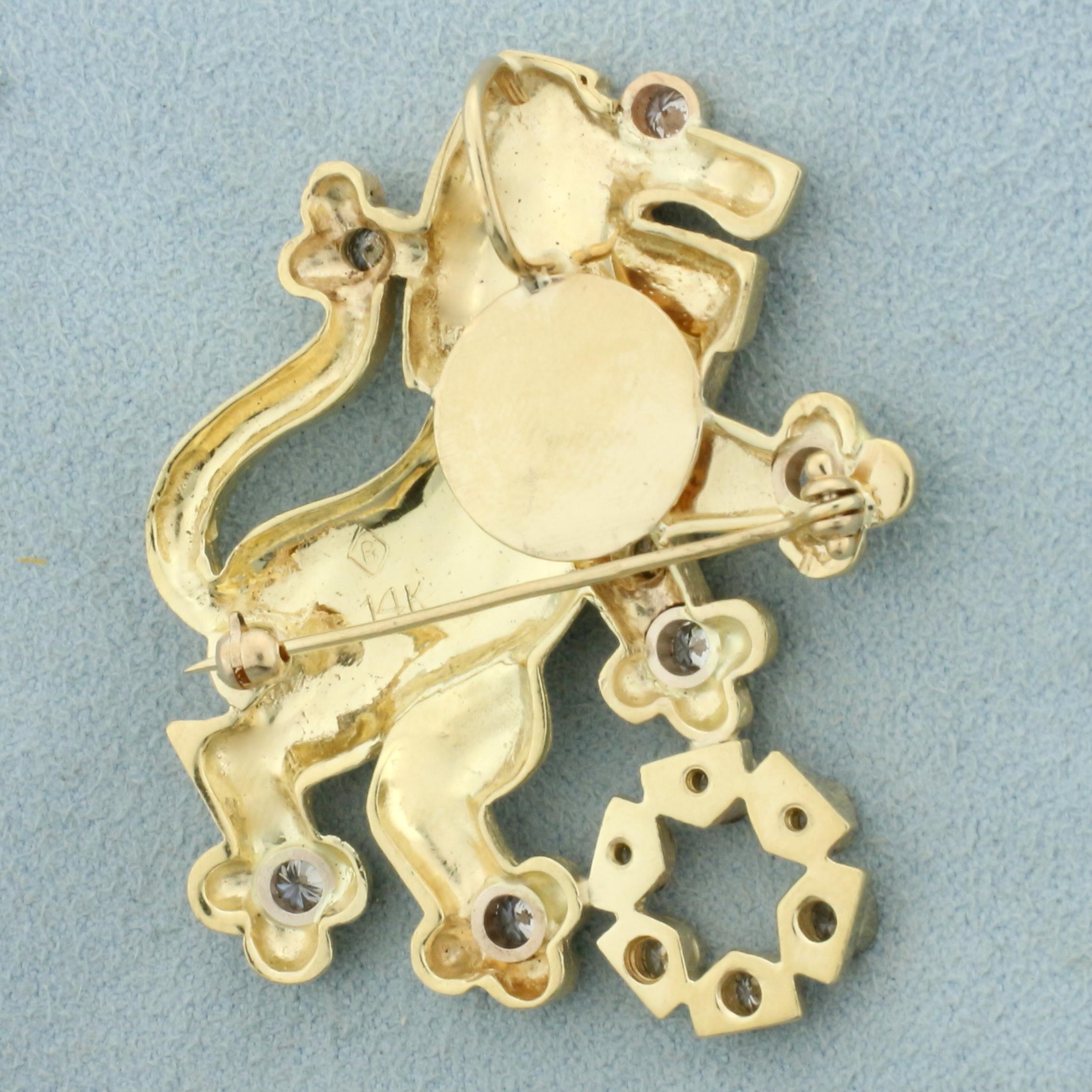 Vintage Diamond Lion Pendant Or Pin In 14k Yellow Gold