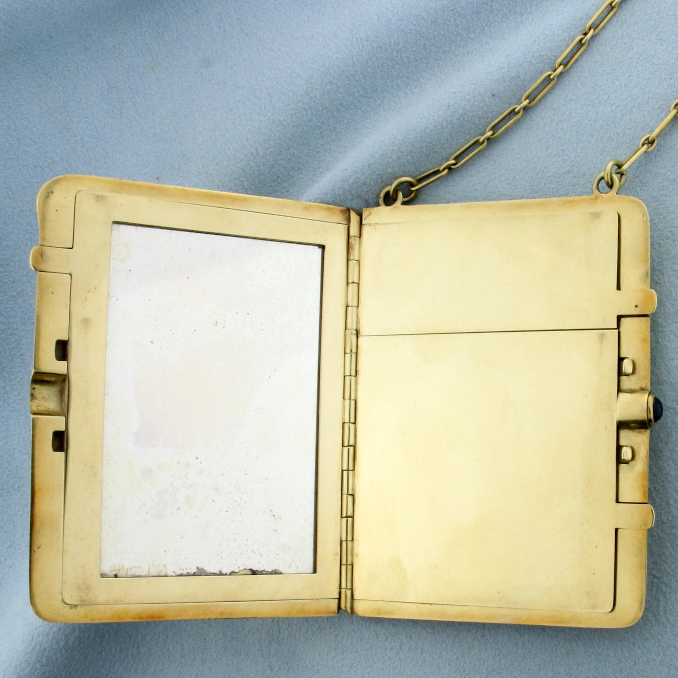 Vintage Chatelaine Makeup Case With Chain In Solid 14k Yellow Gold