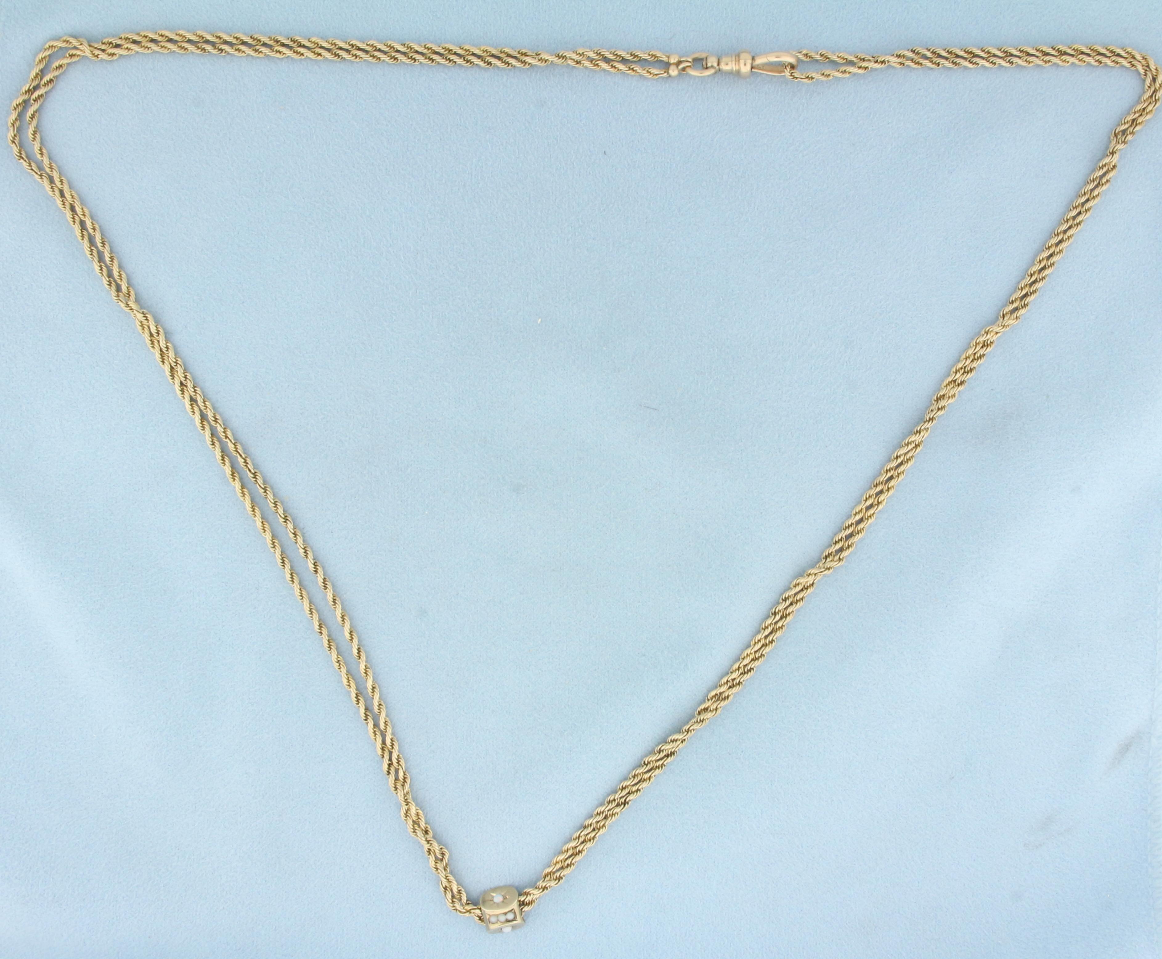 Antique Victorian Opal Long Guard Opal Chain In 14k Yellow Gold