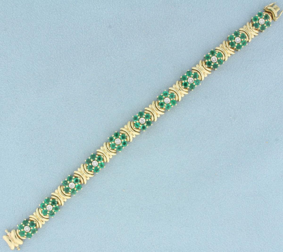 Emerald And Diamond Flower Design Bracelet In 14k Yellow Gold