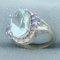 Aquamarine, Tanzanite, And Diamond Ring In 14k White Gold