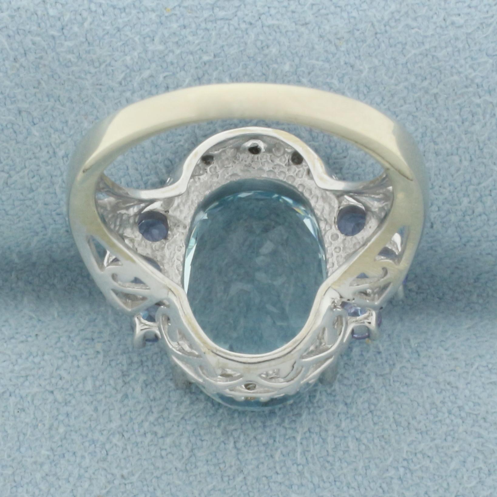 Aquamarine, Tanzanite, And Diamond Ring In 14k White Gold