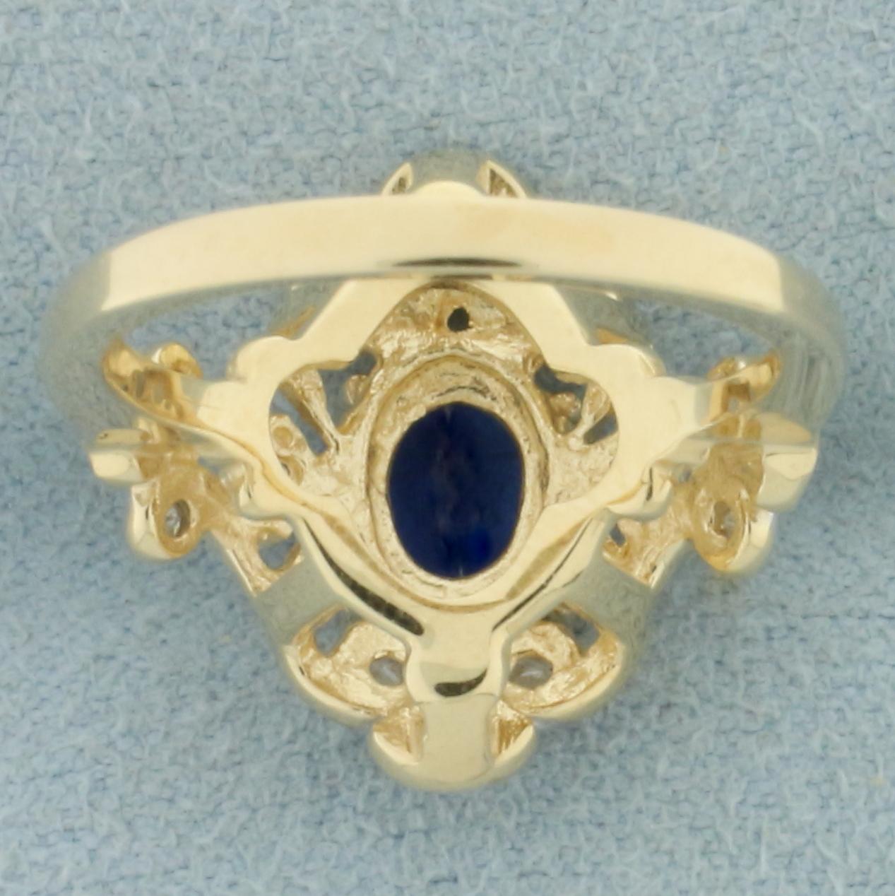 Sapphire And Diamond Scroll Design Ring In 14k Yellow Gold