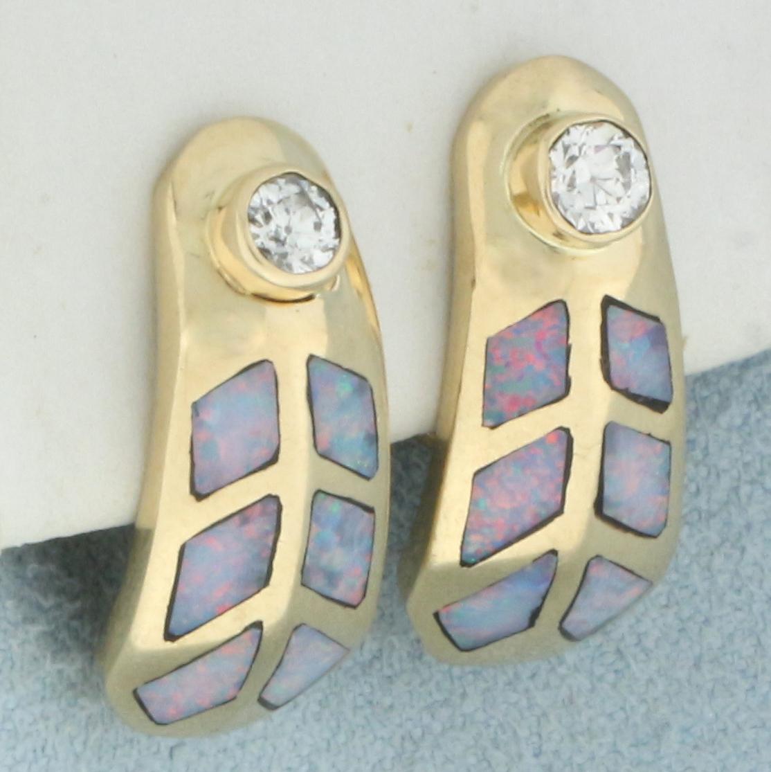 Diamond And Black Opal Inlay Earrings In 14k Yellow Gold