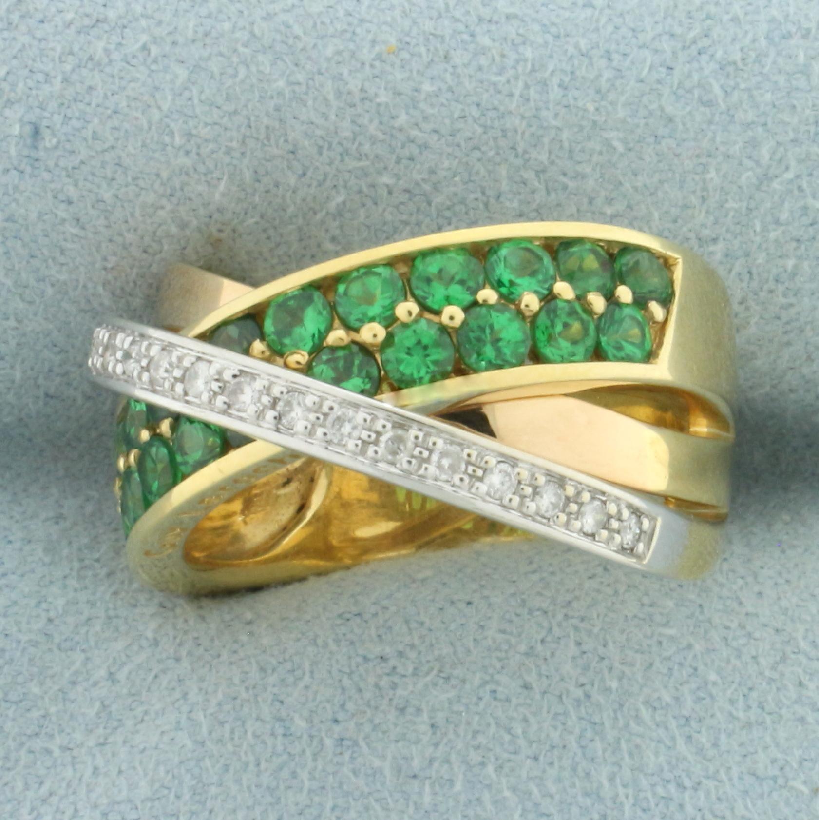 Designer Guy Laroche Tsavorite Garnet And Diamond Criss Cross Ring In 18k Yellow Gold