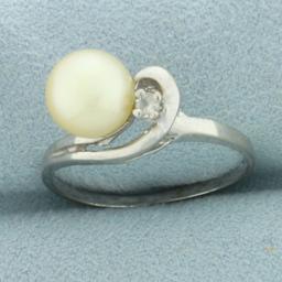 Cultured Pearl And Cz Ring In 10k White Gold
