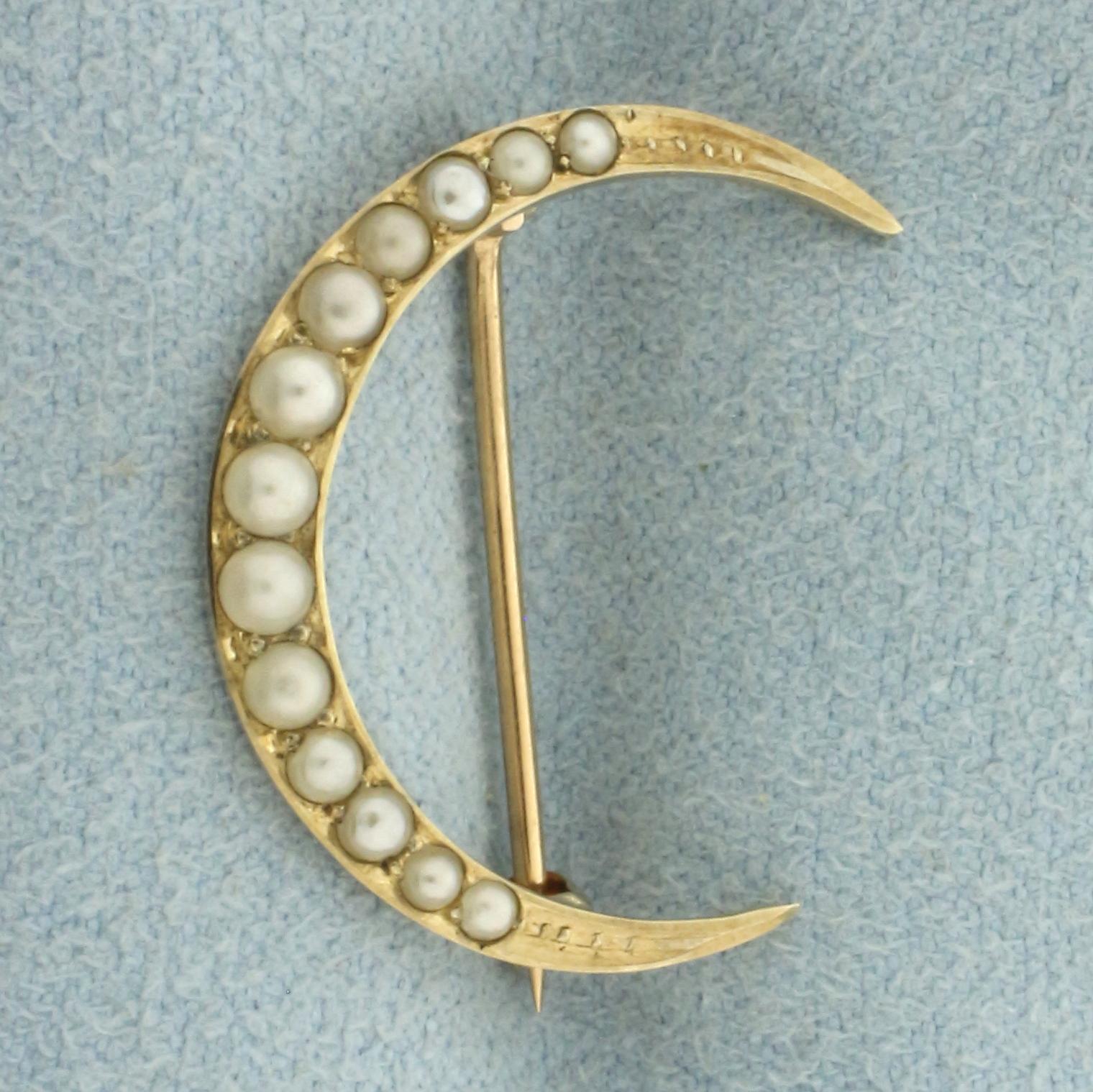 Antique Seed Pear Crescent Moon Pin Brooch In 14k Yellow Gold