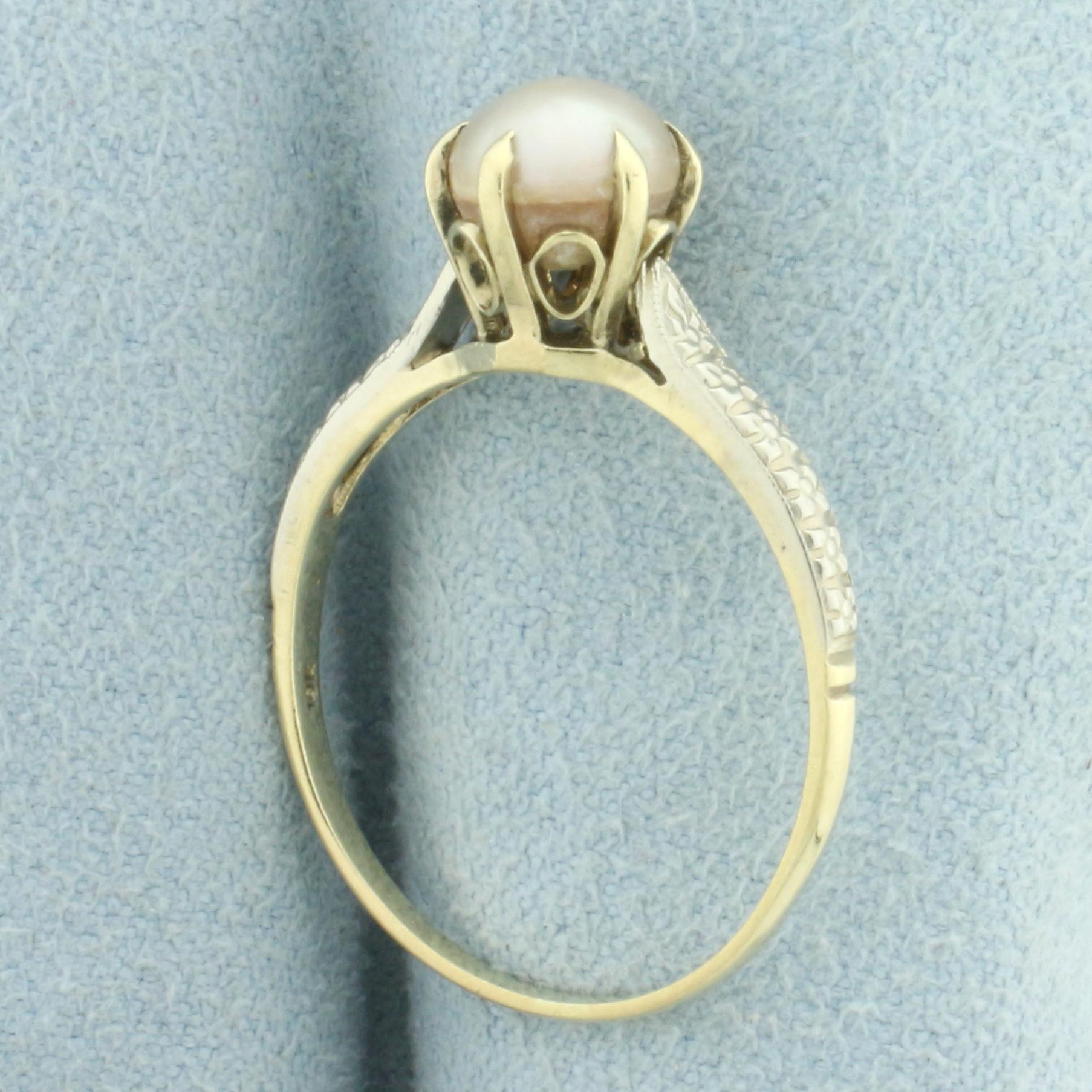 Cultured Pearl Ring In 10k Yellow And White Gold