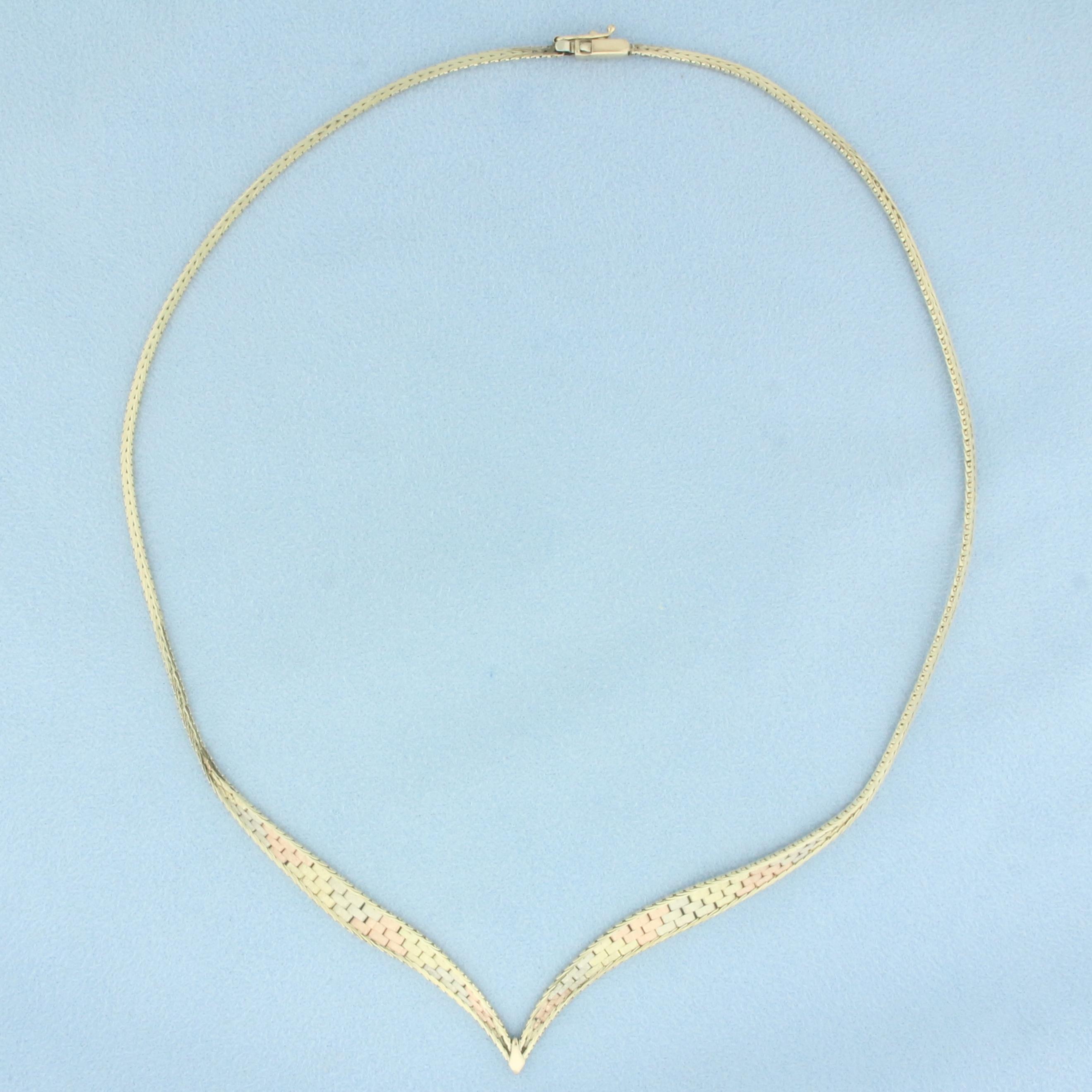 Tri-color Woven V Choker Necklace In 14k Yellow, White, And Rose Gold