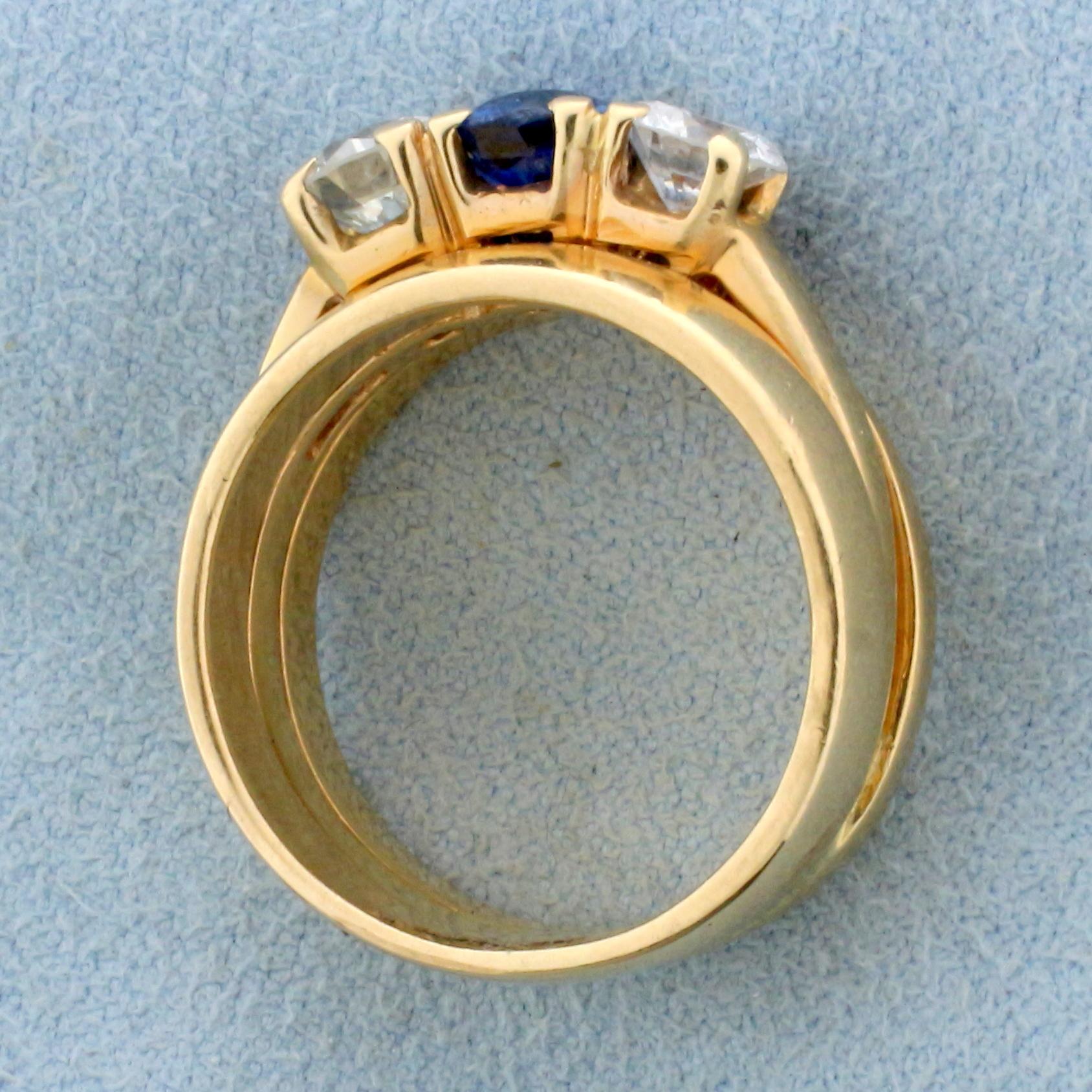 Three Stone Sapphire And Diamond Engagement Or Anniversary Ring In 14k Yellow Gold