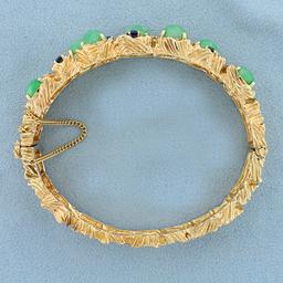 Graduated Natural Sapphire And Jade Heavy Bangle Bracelet In 14k Yellow Gold