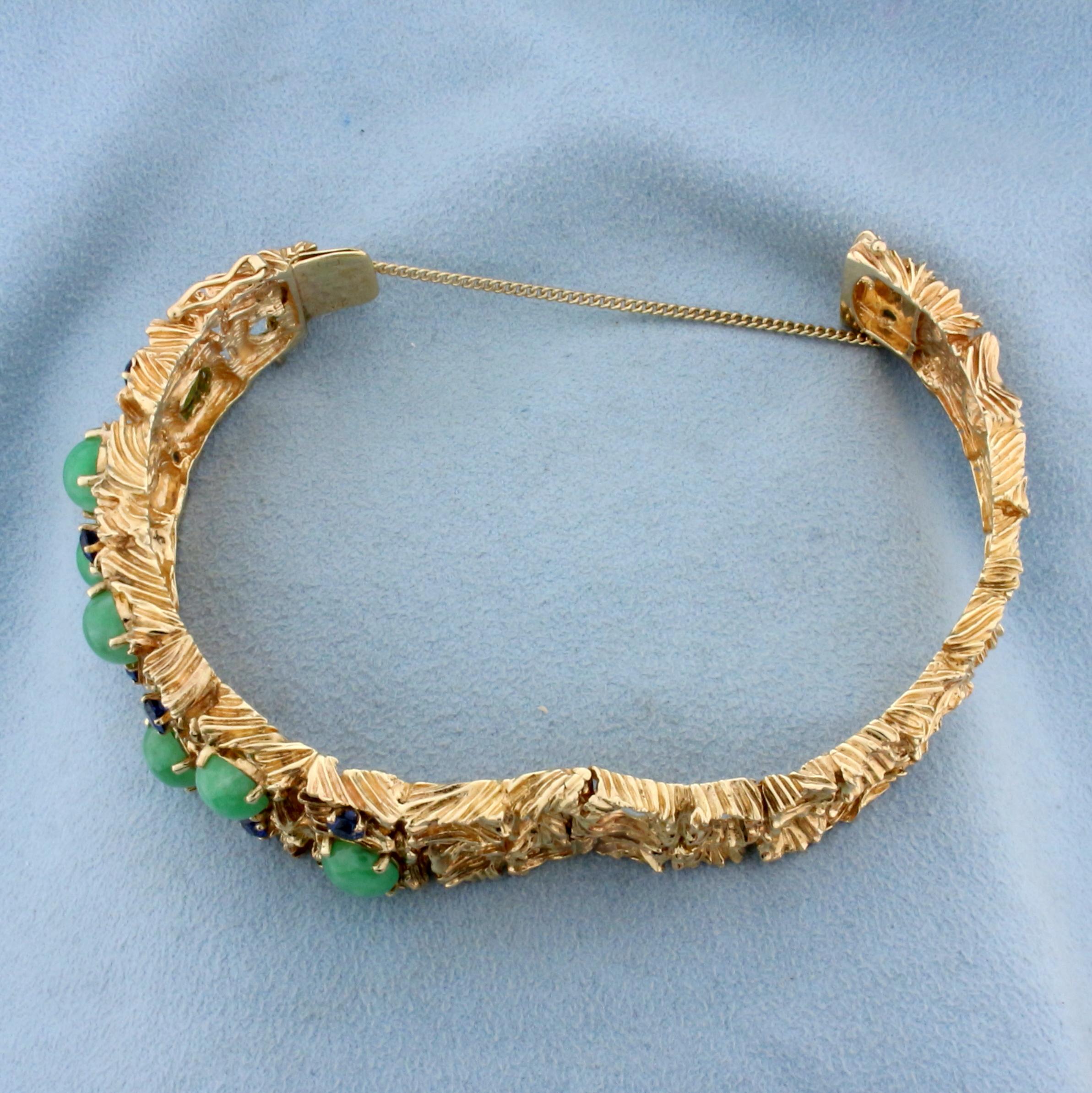 Graduated Natural Sapphire And Jade Heavy Bangle Bracelet In 14k Yellow Gold