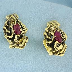 Antique Hand Made Nature Design Ruby Cufflinks In 18k Yellow Gold