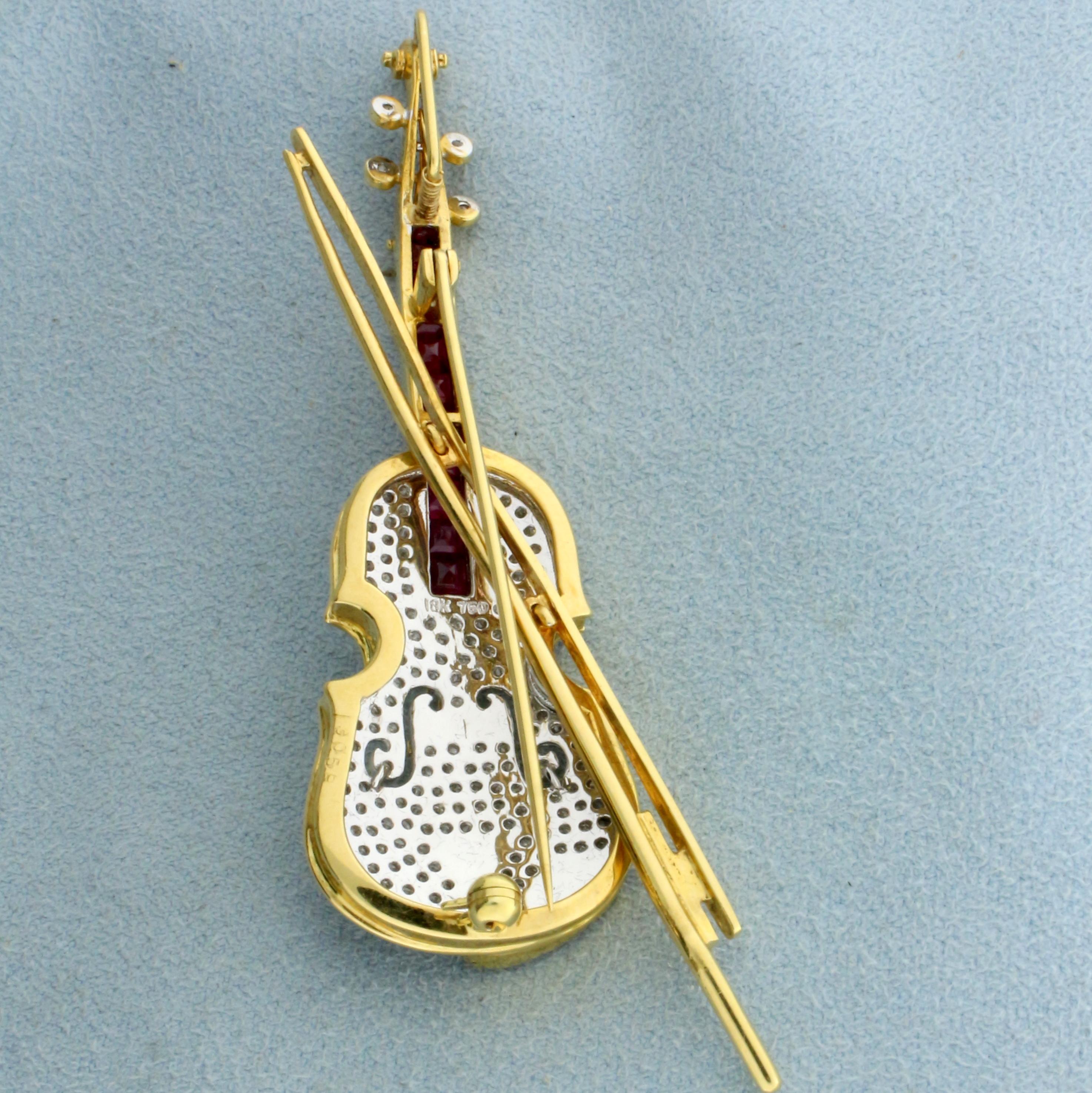 Diamond And Ruby Violin Pin In 18k Yellow Gold