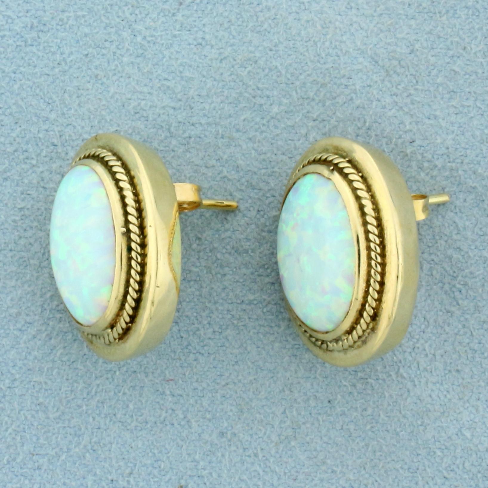 Vintage Ethiopian Opal Button Earrings In 14k Yellow Gold