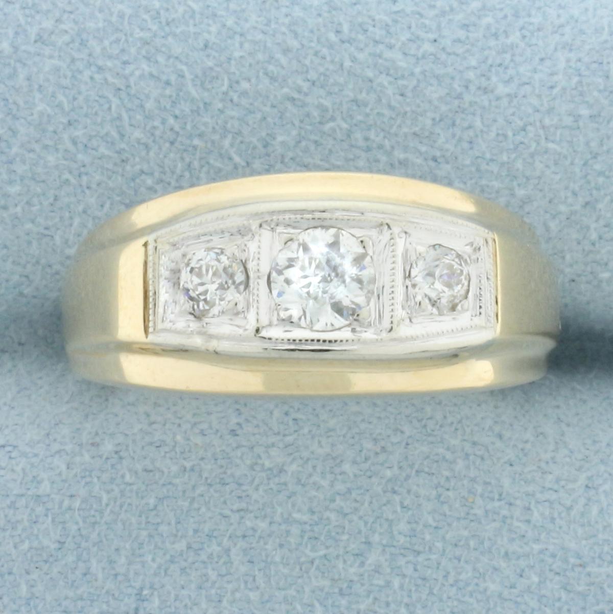 Antique Mens Three Stone Old European Diamond Wedding Or Anniversary Ring In 14k Yellow Gold