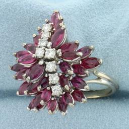 Unique Designer Ruby And Diamond Flower Design Ring In 18k White Gold