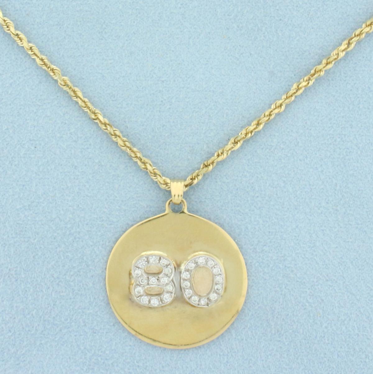 Number 80 Diamond Medallion On Rope Chain In 14k Yellow Gold