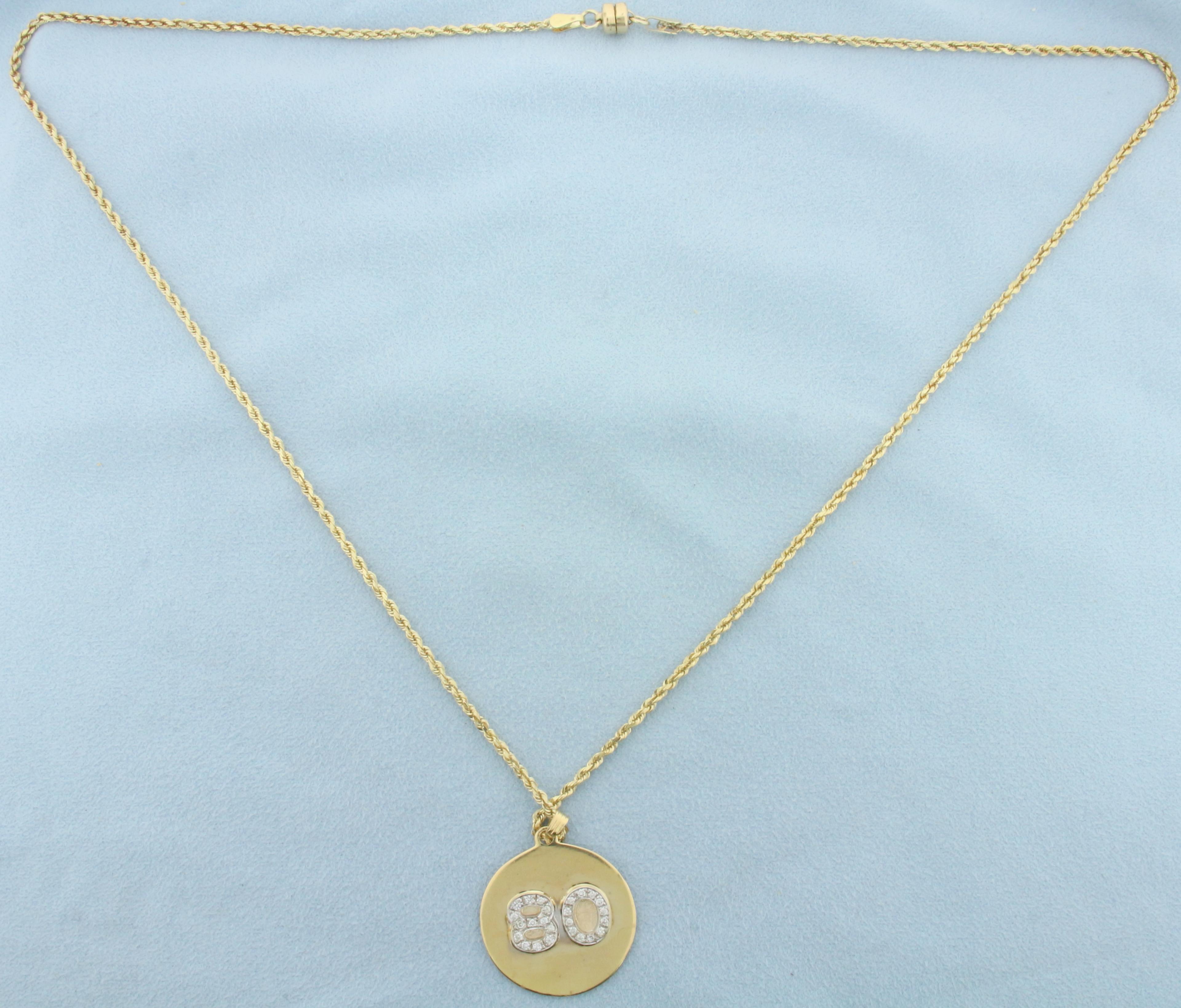 Number 80 Diamond Medallion On Rope Chain In 14k Yellow Gold