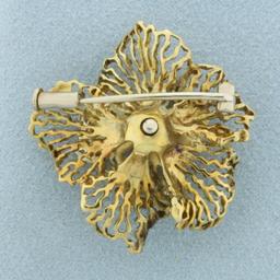 Italian Diamond Natural Freeform Flower Brooch Pin In 18k Yellow Gold