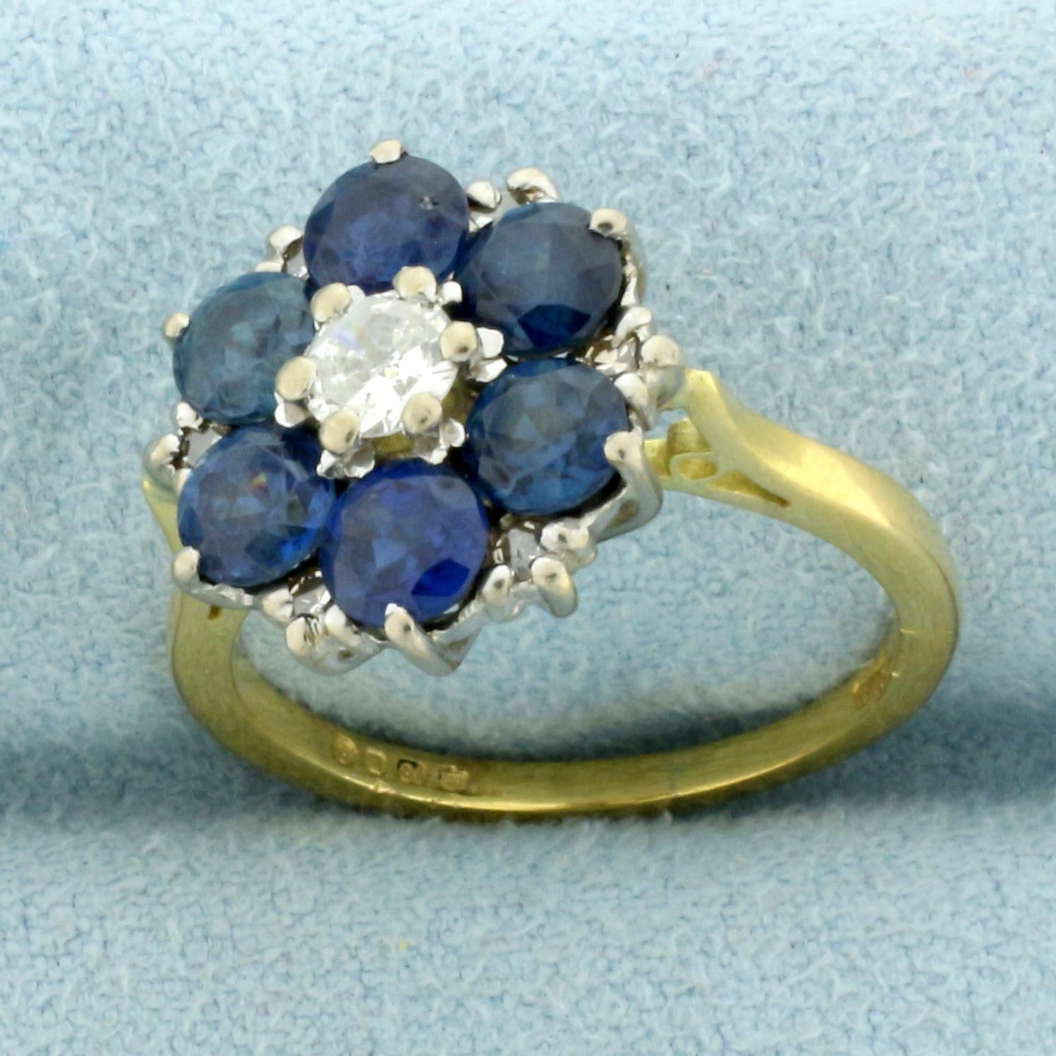 Vintage Sapphire And Diamond Flower Design Ring In 18k Yellow Gold