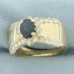 Natural Sapphire And Diamond Ring In 14k Yellow Gold