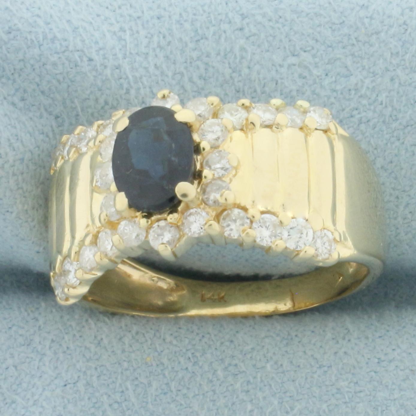 Natural Sapphire And Diamond Ring In 14k Yellow Gold