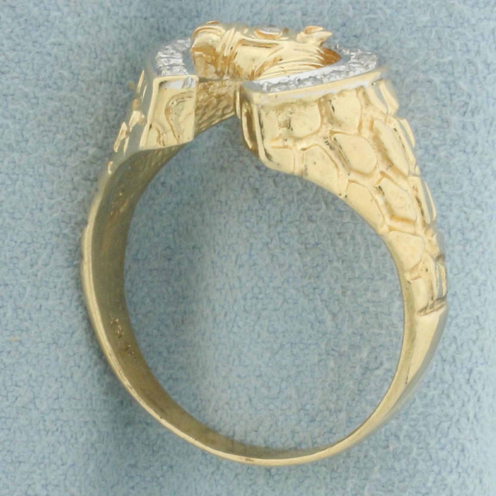 Diamond Horse And Horseshoe Nugget Ring In 14k Yellow Gold